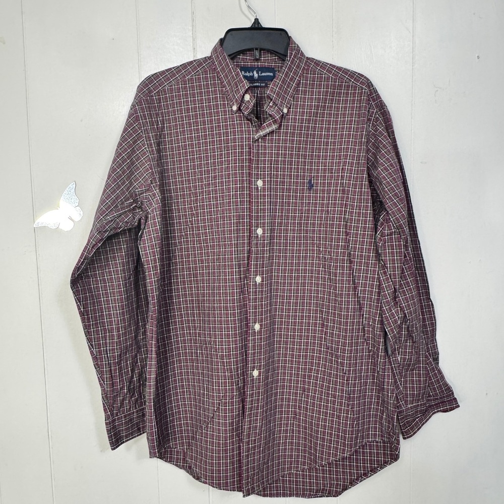 Ralph Lauren Men Plaid Button Down Shirt Classic Fit Long Sleeve Burgundy Medium